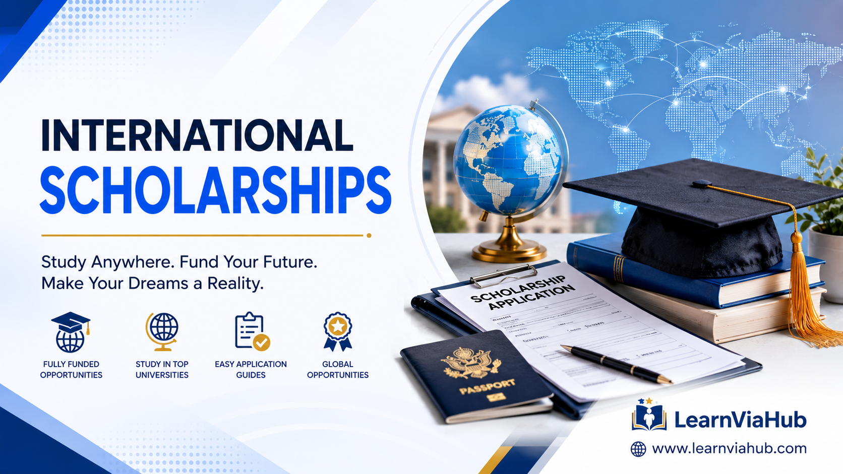 International Scholarships featured image with graduation cap, scholarship application, passport, globe, and LearnViaHub branding