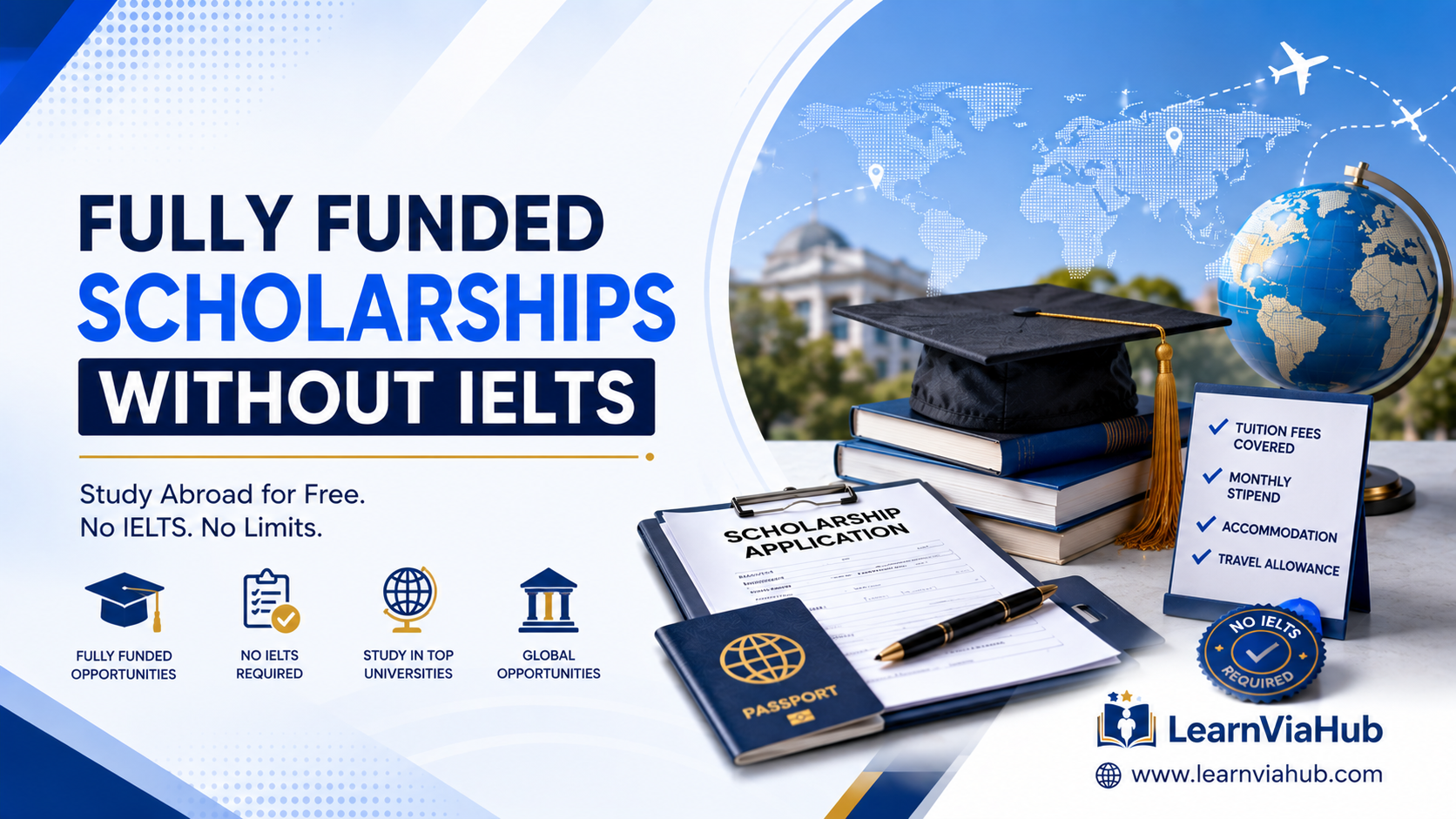 Fully Funded Scholarships Without IELTS featured image with graduation cap, scholarship application, passport, globe, and LearnViaHub branding