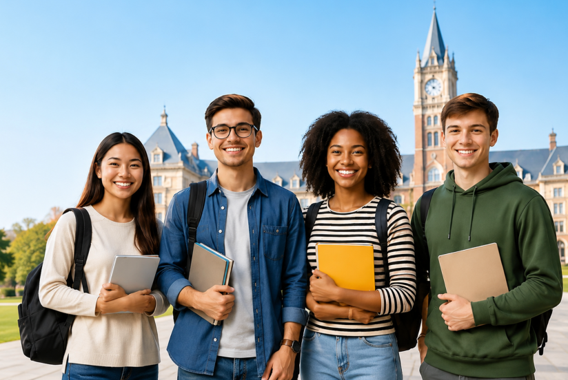 Diverse group of students holding books, smiling in front of a university building