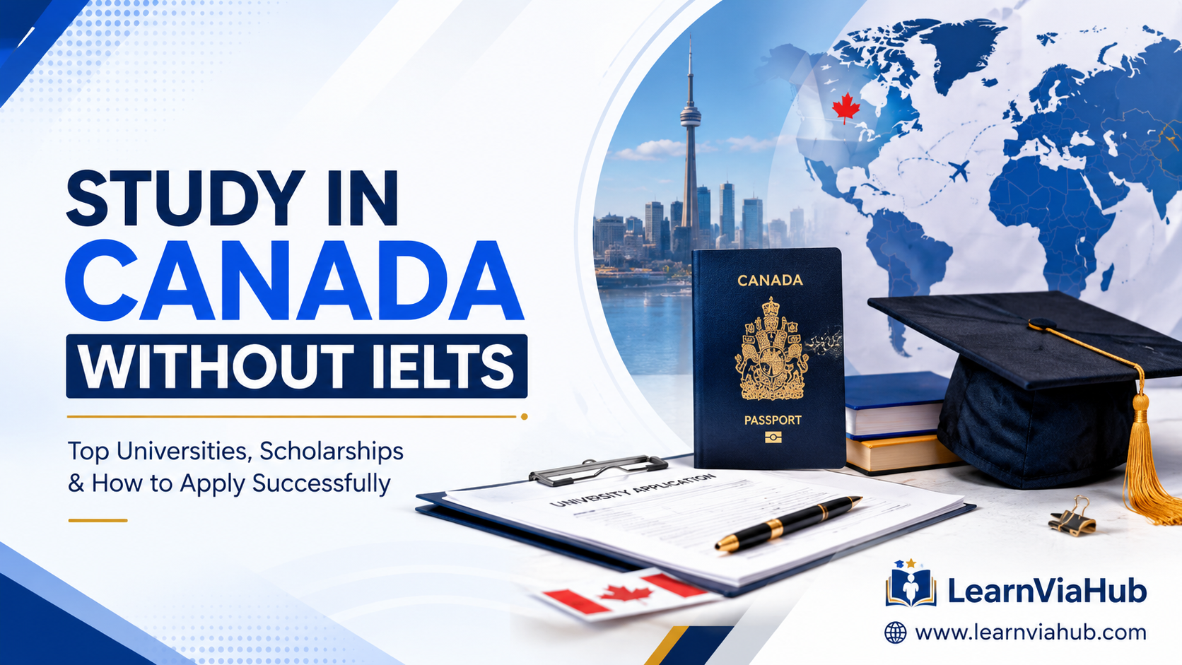 Study in Canada Without IELTS – student passport, graduation cap, university application documents, and LearnViaHub featured image