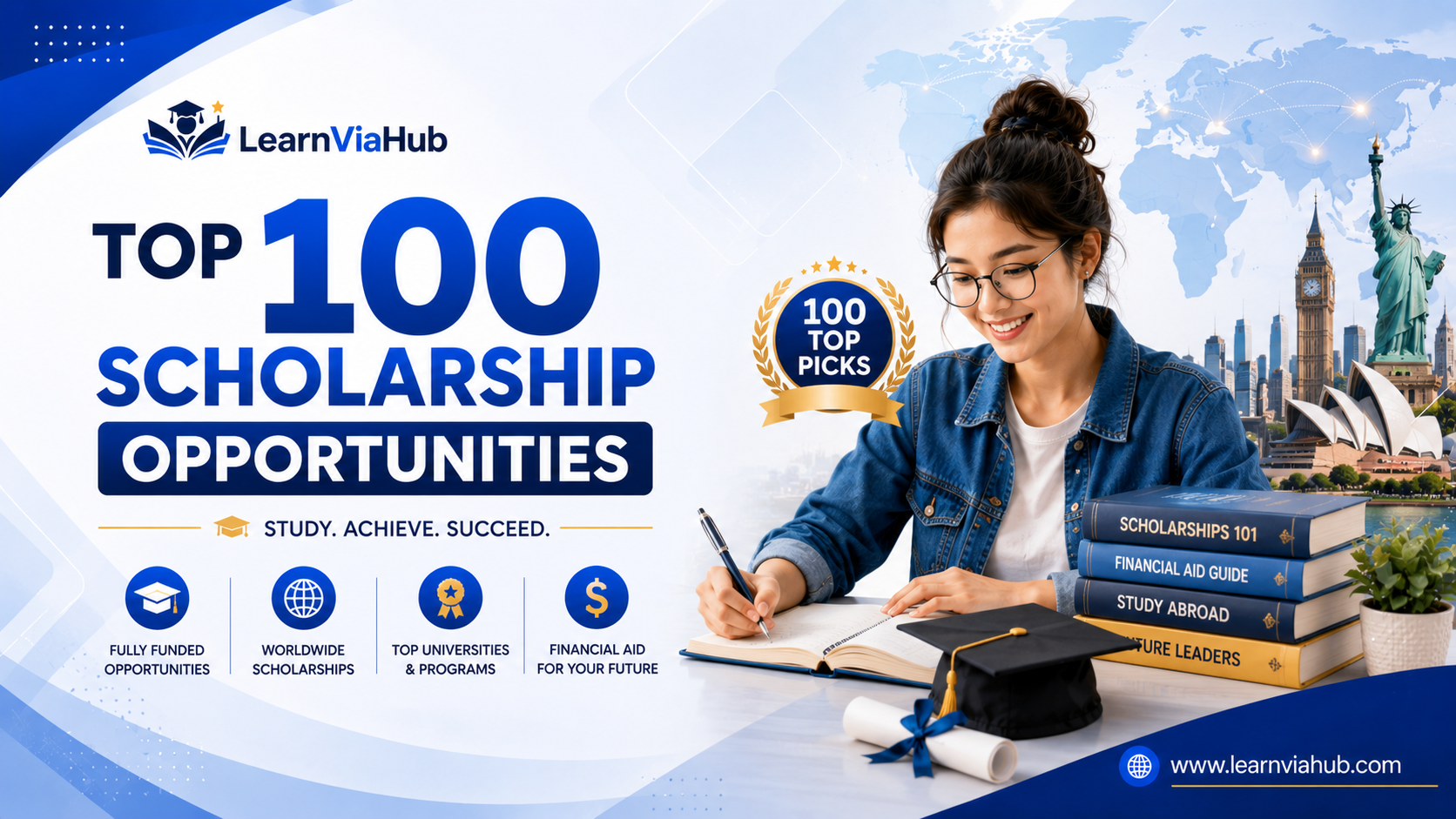 Top 100 scholarship opportunities for international students featuring a student, graduation cap, scholarship certificate, world map, and global university landmarks on a LearnViaHub educational banner.