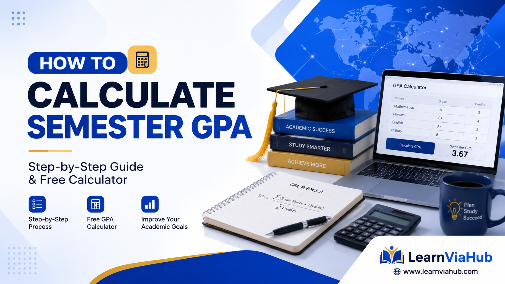Featured image for a LearnViaHub guide showing how to calculate semester GPA with a laptop GPA calculator, graduation cap, calculator, notebook, and academic books on a modern blue and white background.