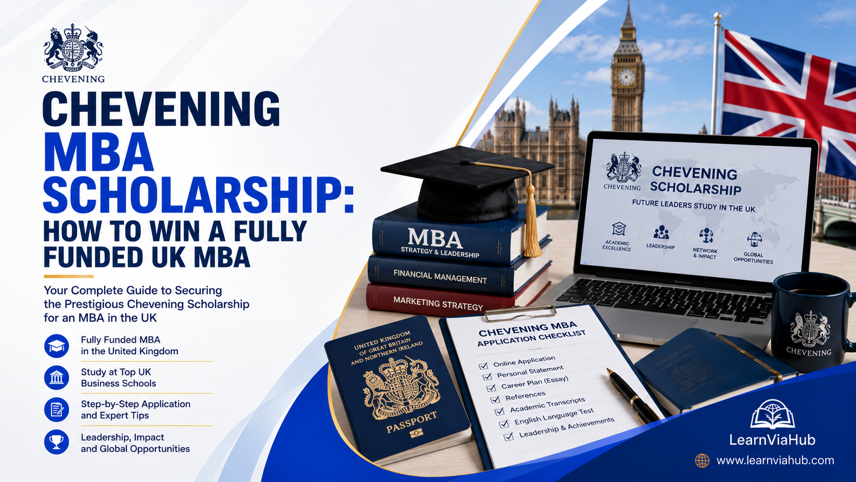 Premium LearnViaHub featured image for the Chevening MBA Scholarship guide featuring a UK passport, MBA textbooks, graduation cap, Chevening scholarship application checklist, and United Kingdom landmarks on a modern blue-and-white branded background representing fully funded MBA study opportunities in the UK.