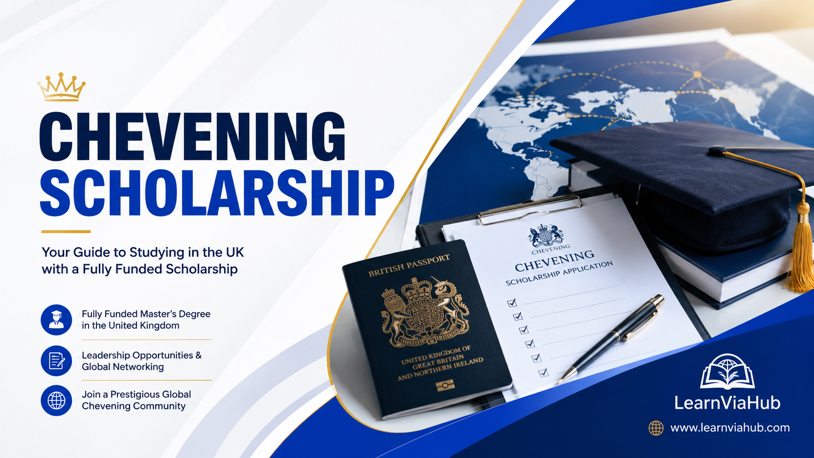 Premium LearnViaHub featured image for the Chevening Scholarship guide showing a British passport, Chevening scholarship application documents, graduation cap, and world map on a modern blue, white, and gold background representing fully funded study opportunities in the United Kingdom.