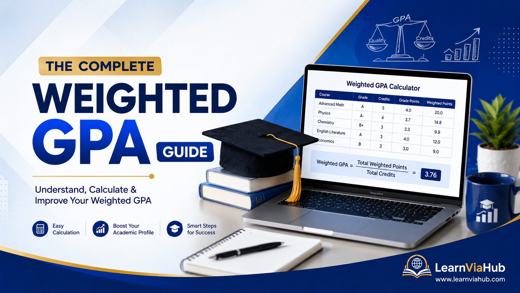 Weighted GPA Guide featured image showing a student laptop with a weighted GPA calculator, graduation cap, textbooks, and academic materials on a modern blue LearnViaHub background.