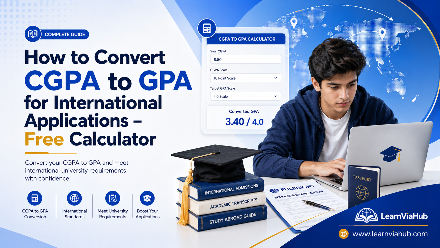 How to Convert CGPA to GPA for International Applications featured image showing a student using a CGPA to GPA calculator with a laptop, passport, graduation cap, scholarship documents, and world map on a LearnViaHub blue background.