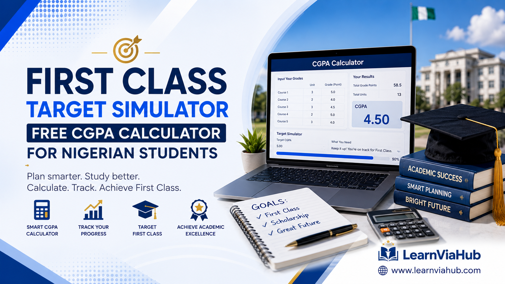 First Class Target Simulator – Free CGPA Calculator for Nigerian Students featuring CGPA dashboard, laptop, graduation cap, calculator, and LearnViaHub branding