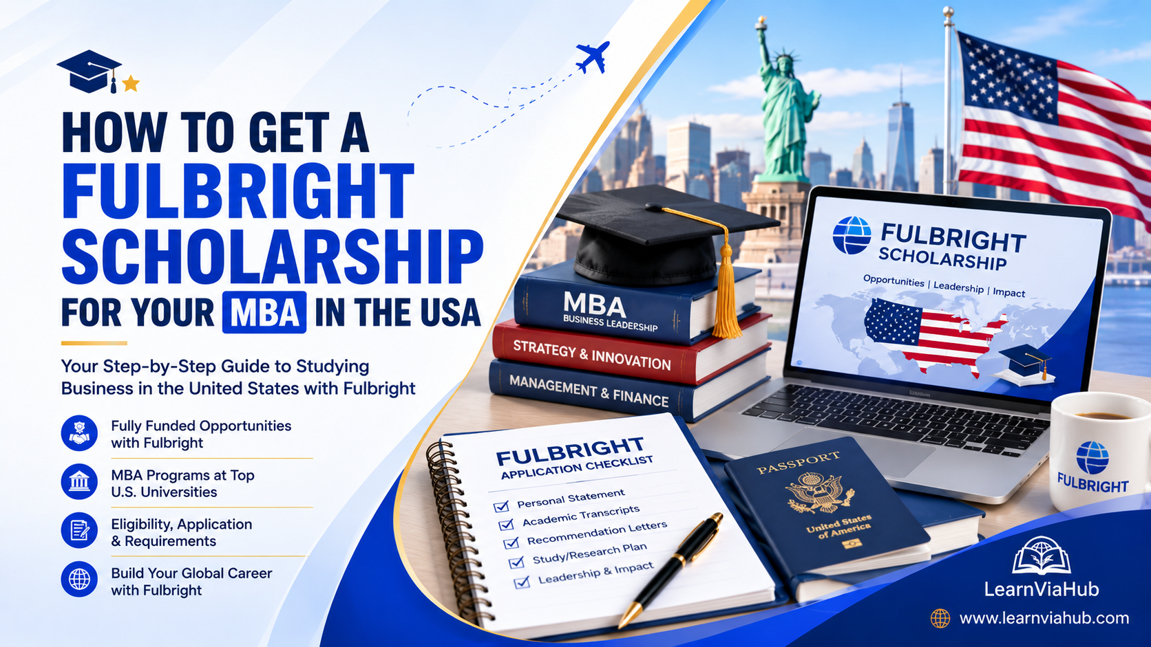 Premium LearnViaHub featured image for the Fulbright MBA Scholarship guide showcasing a graduation cap, MBA textbooks, Fulbright scholarship application checklist, U.S. passport, laptop displaying Fulbright scholarship information, and iconic American landmarks on a modern blue-and-white branded background.