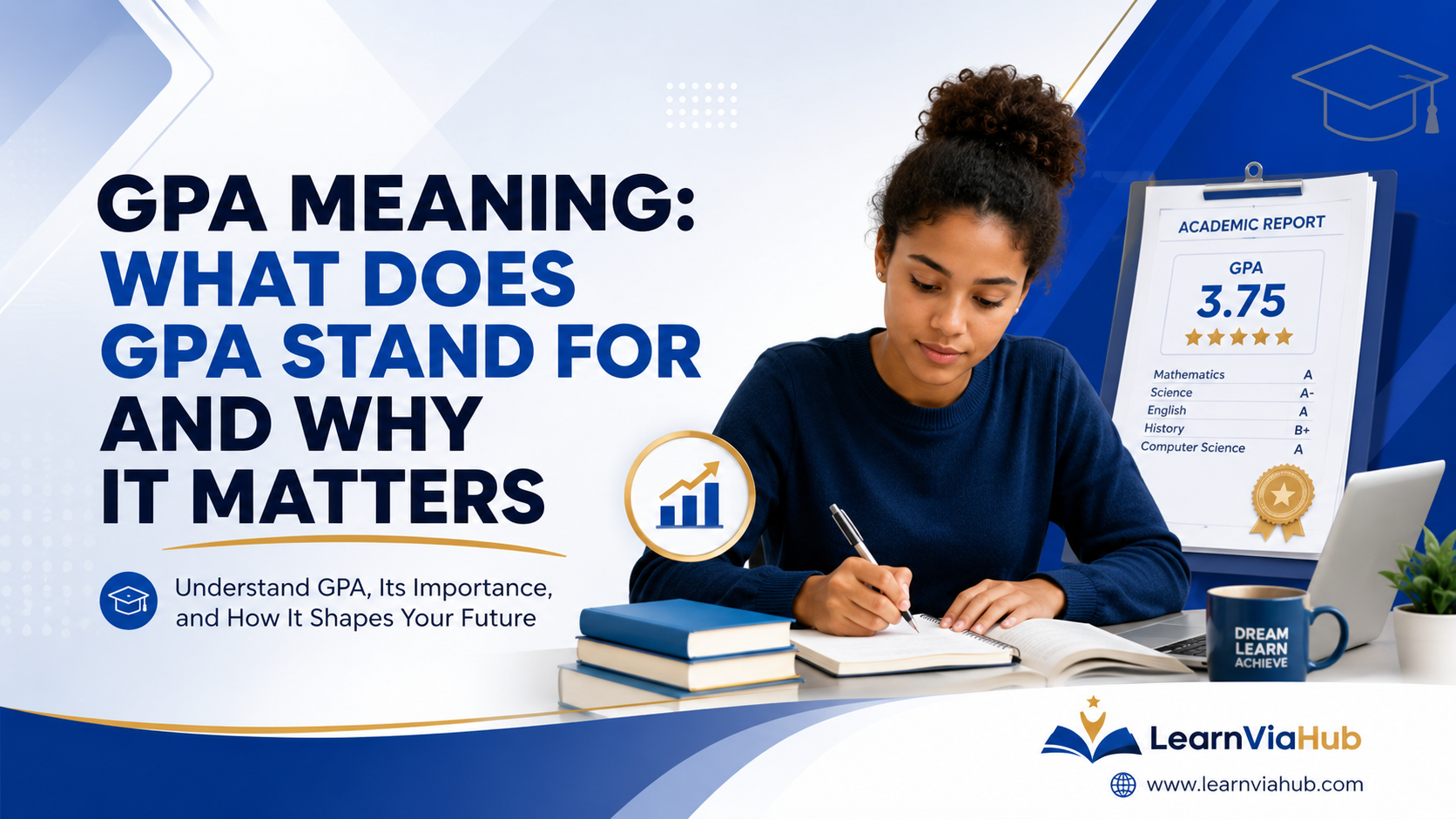 GPA Meaning: What Does GPA Stand For and Why It Matters – LearnViaHub featured image showing a student studying with academic reports, GPA score chart, books, and educational success symbols on a modern blue-and-white background.