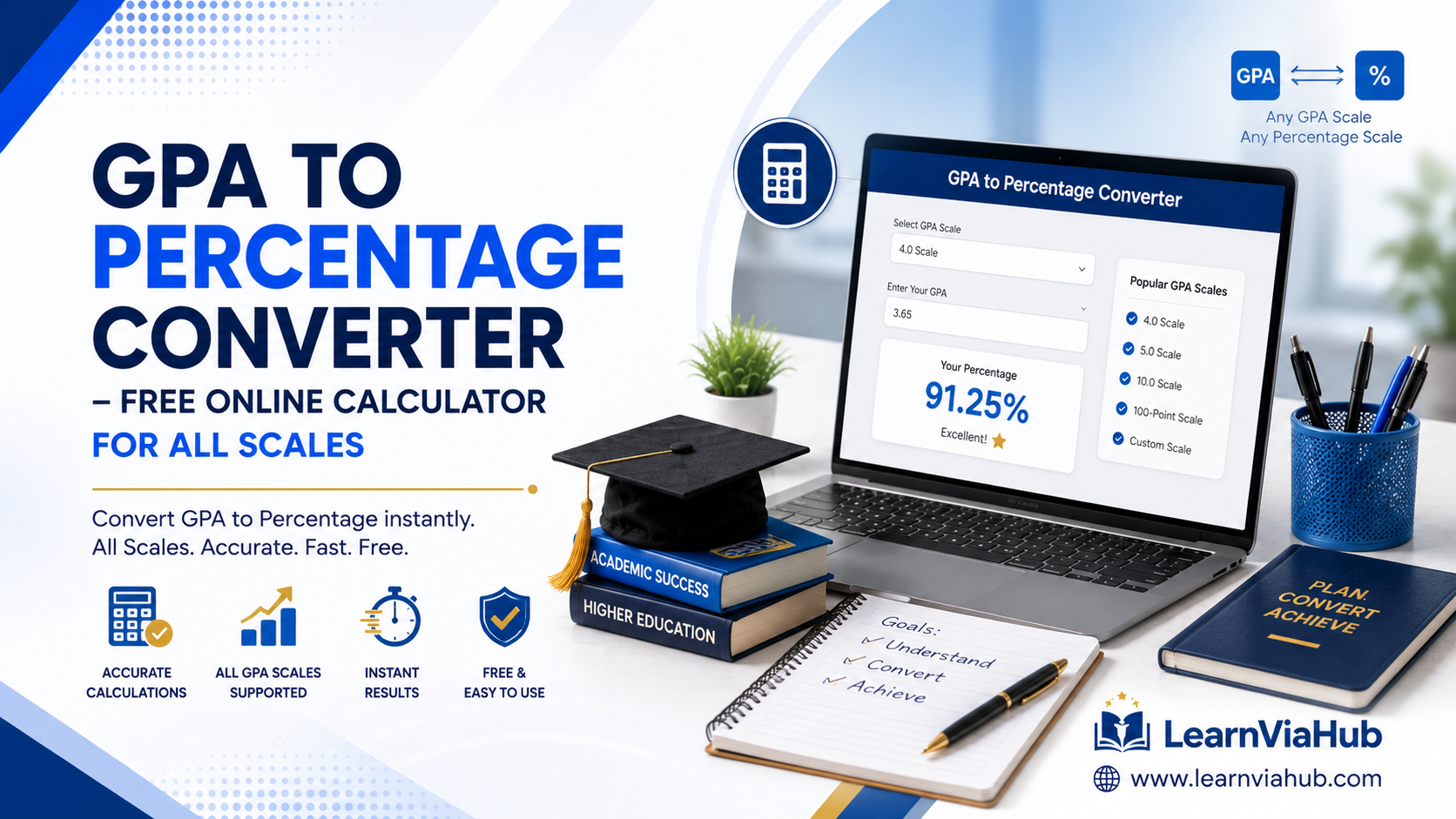 GPA to Percentage Converter – Free Online Calculator for All Scales with laptop, academic books, graduation cap, and LearnViaHub branding