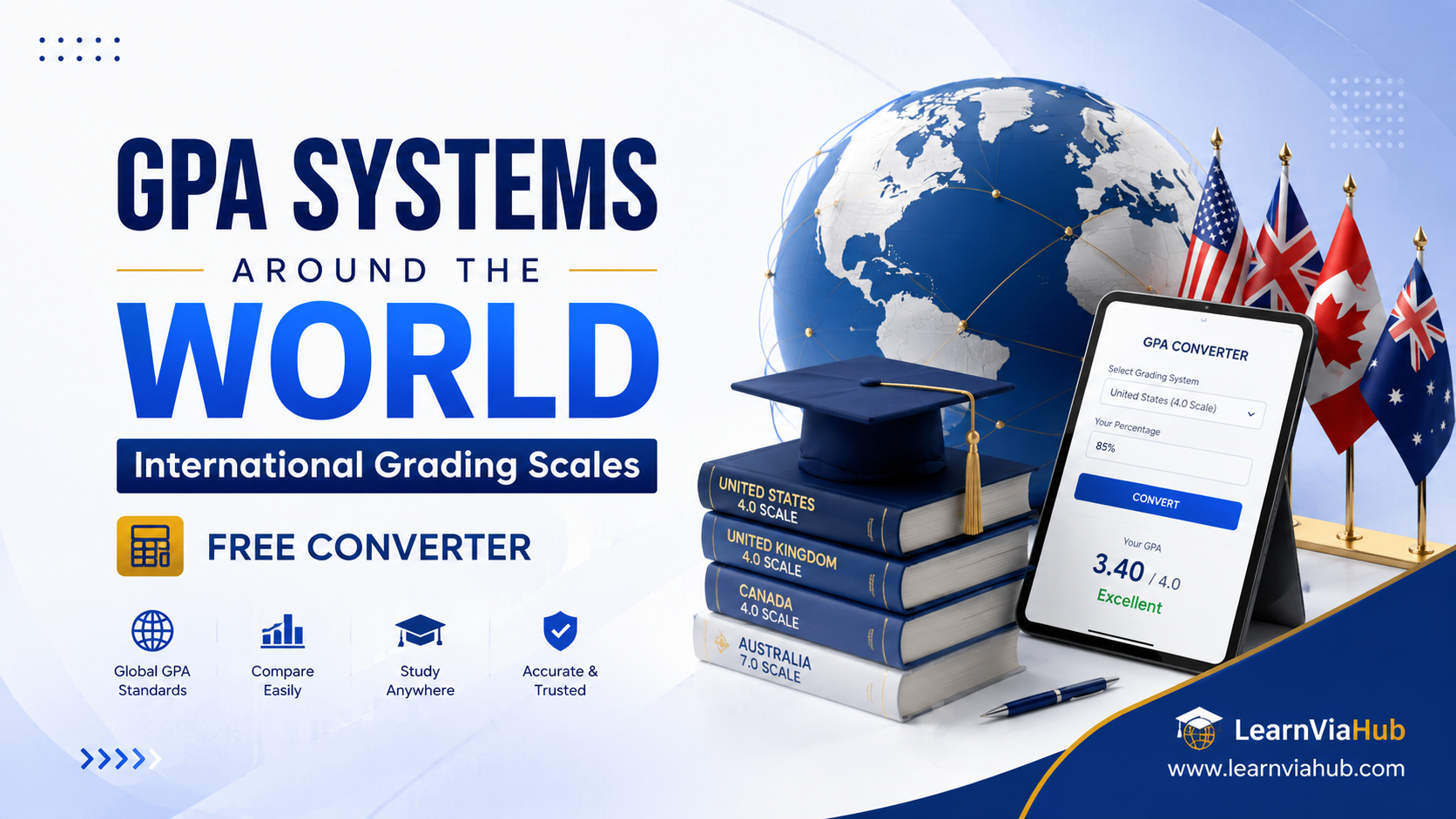 GPA Systems Around the World featured image showing an international grading scale comparison with a global map, graduation cap, GPA converter tablet, country flags, and LearnViaHub branding.