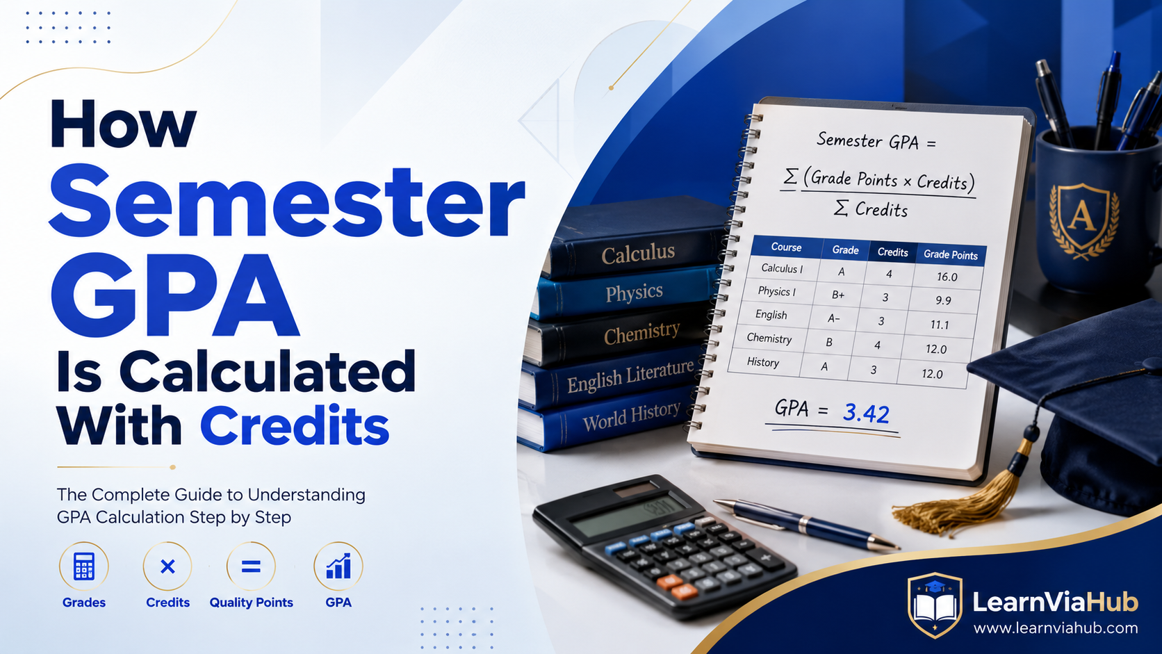 How Semester GPA Is Calculated With Credits featured image showing a student GPA calculation formula, course grades, credit hours, calculator, textbooks, and graduation cap on a modern blue-and-white LearnViaHub background.