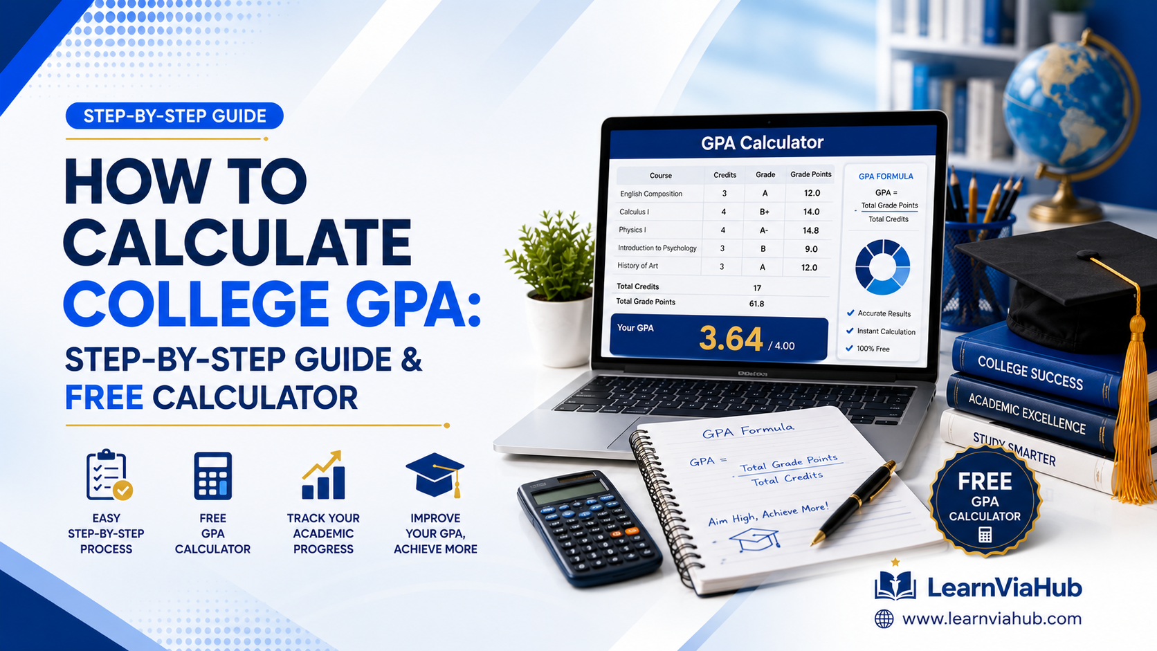 How to Calculate College GPA step-by-step guide with free GPA calculator, laptop, calculator, graduation cap, and LearnViaHub branding