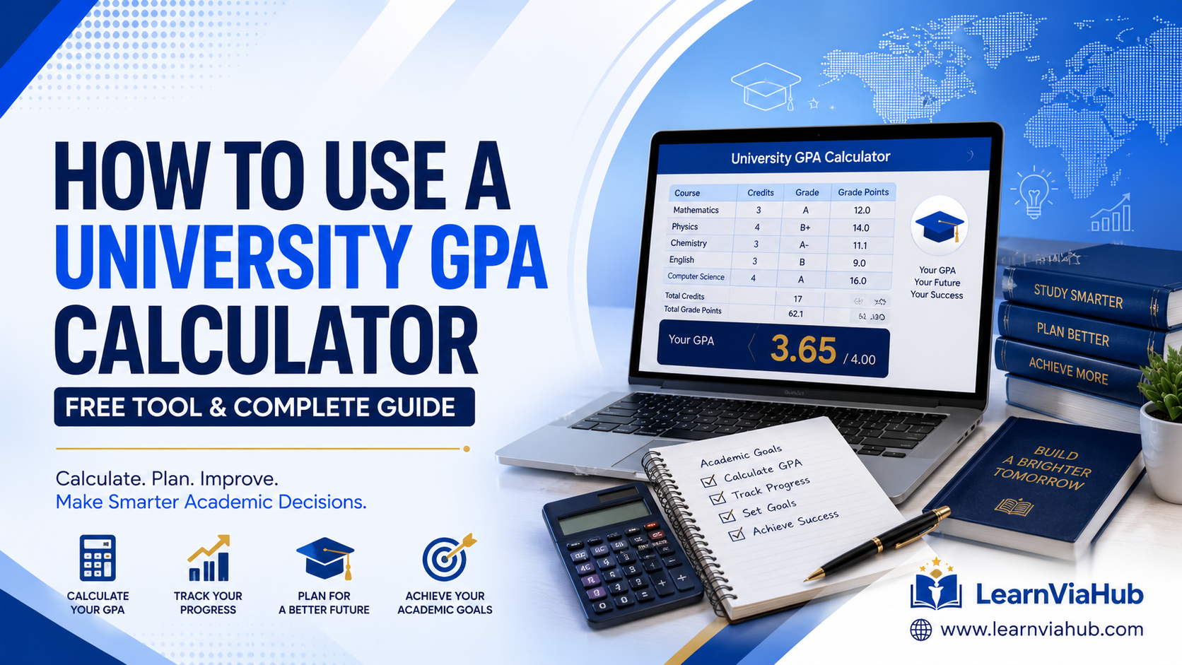 How to Use a University GPA Calculator – Free Tool & Complete Guide featured image with laptop GPA calculator, graduation cap, calculator, notebook, and LearnViaHub branding