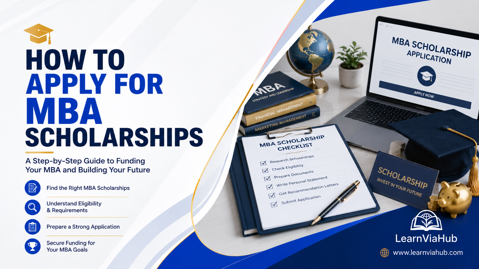 Premium LearnViaHub featured image for the "How to Apply for MBA Scholarships" guide showcasing an MBA scholarship application checklist, laptop, graduation cap, business management books, and funding-related elements on a modern blue-and-white branded background.