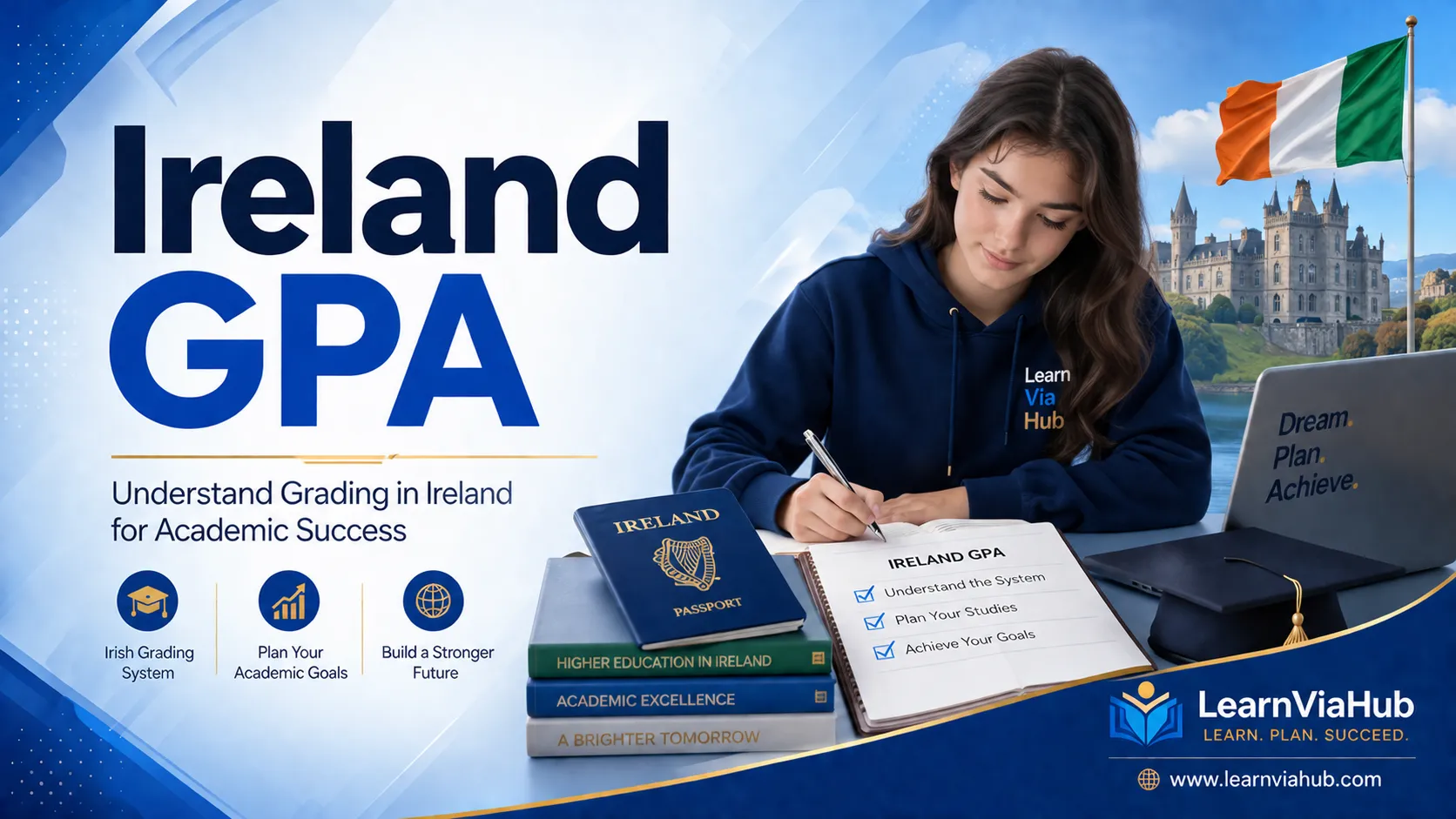 Student studying Ireland GPA and grading system with notebook, Irish passport, books, and laptop.