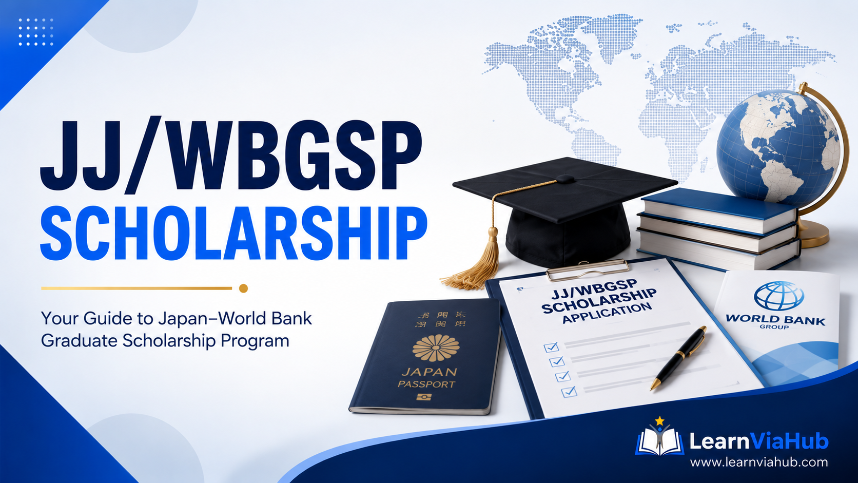 Joint Japan/World Bank Graduate Scholarship (JJ/WBGSP) featured image showing a graduate cap, passport, scholarship application, academic books, globe, and World Bank document representing fully funded master's study opportunities for international students.