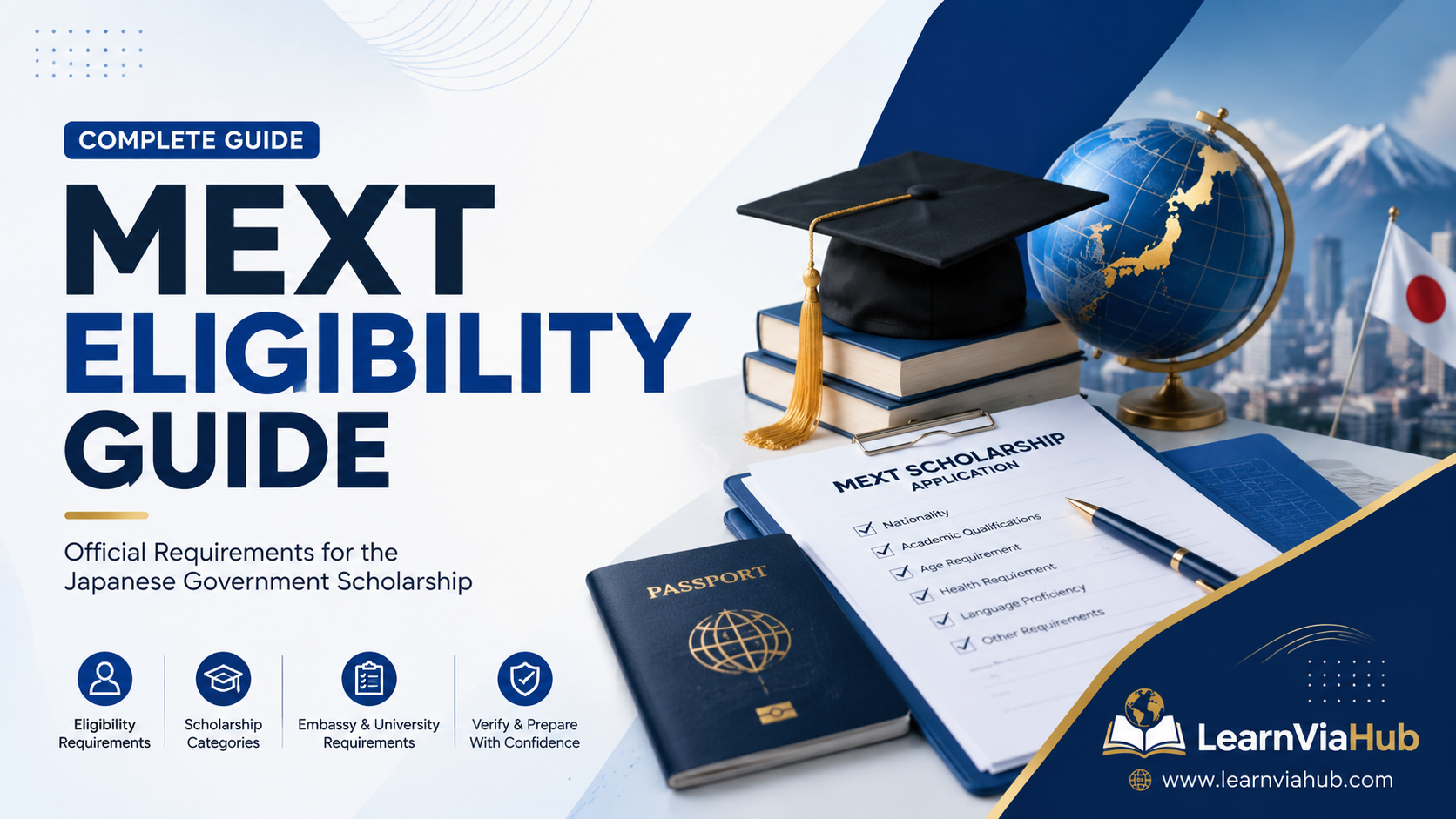 MEXT Eligibility Guide featured image showing a student preparing Japanese Government Scholarship application documents with a passport, graduation cap, globe, and eligibility checklist.