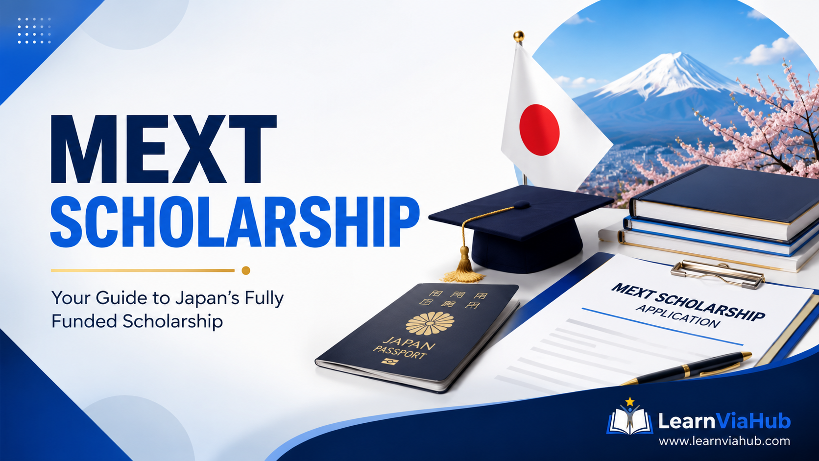 MEXT Scholarship featured image showing a Japanese passport, graduation cap, scholarship application form, books, Mount Fuji, and the Japan flag representing fully funded study opportunities in Japan.