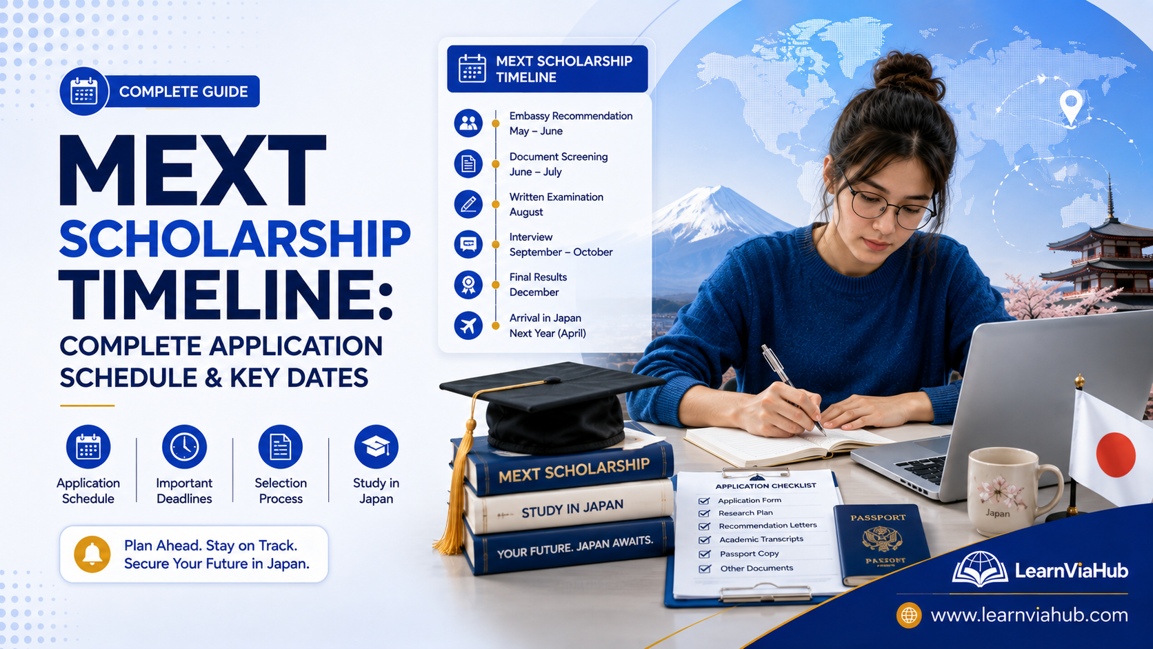 MEXT Scholarship Timeline featured image showing a student preparing scholarship documents with a laptop, passport, Japan-themed visuals, application timeline, and LearnViaHub branding.