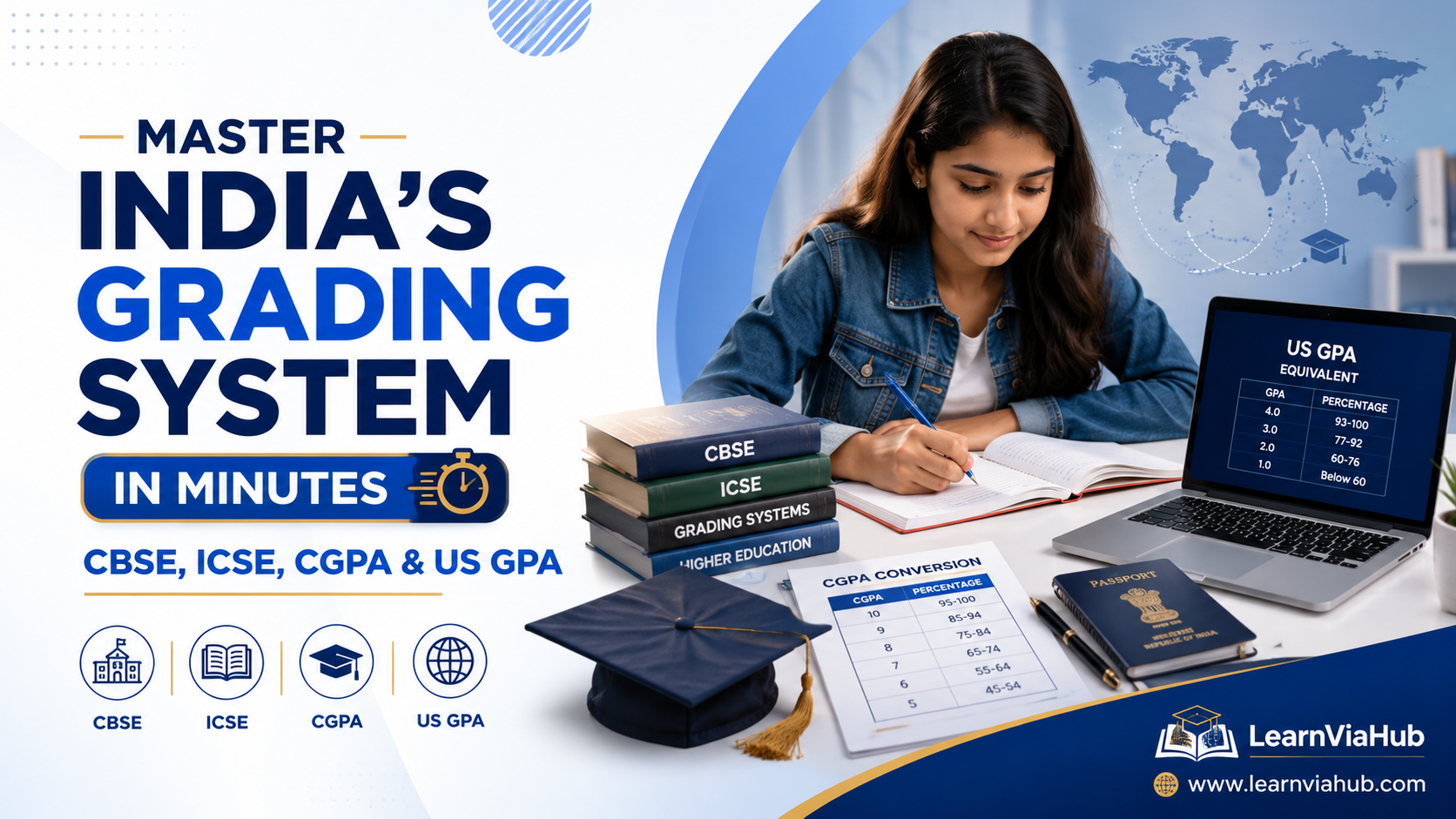 Student studying India's grading system with CBSE, ICSE, CGPA, and US GPA conversion charts on a modern LearnViaHub educational featured image.