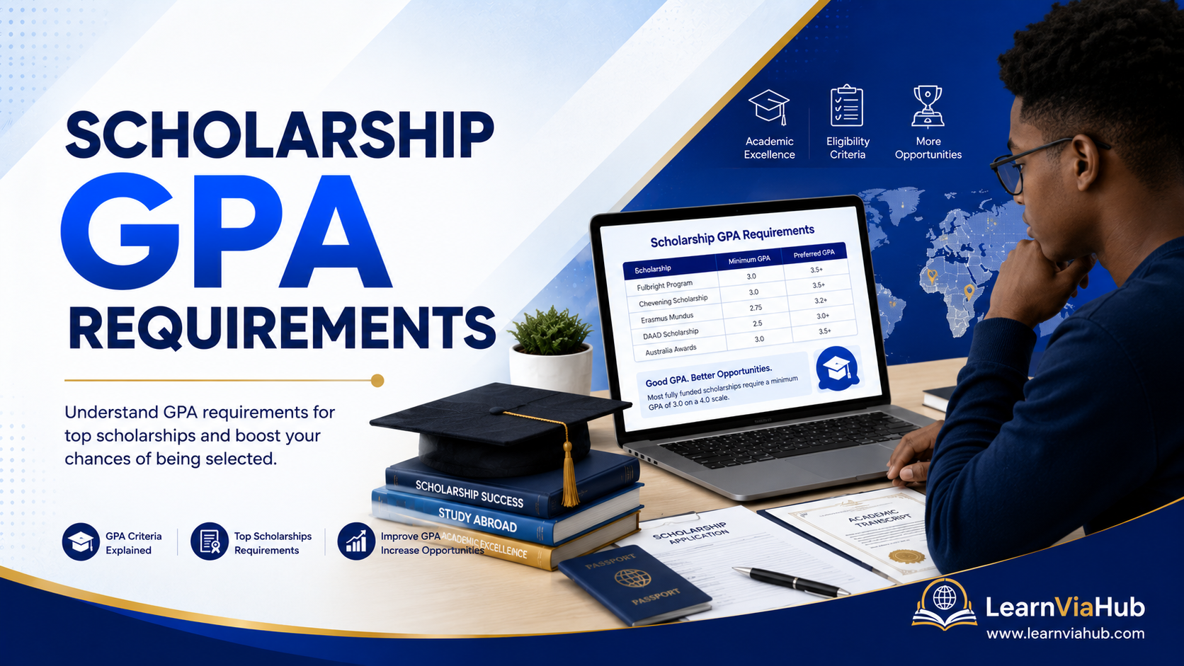 Scholarship GPA Requirements featured image showing a student reviewing scholarship eligibility, GPA requirements, academic transcript, and a laptop displaying scholarship GPA criteria.