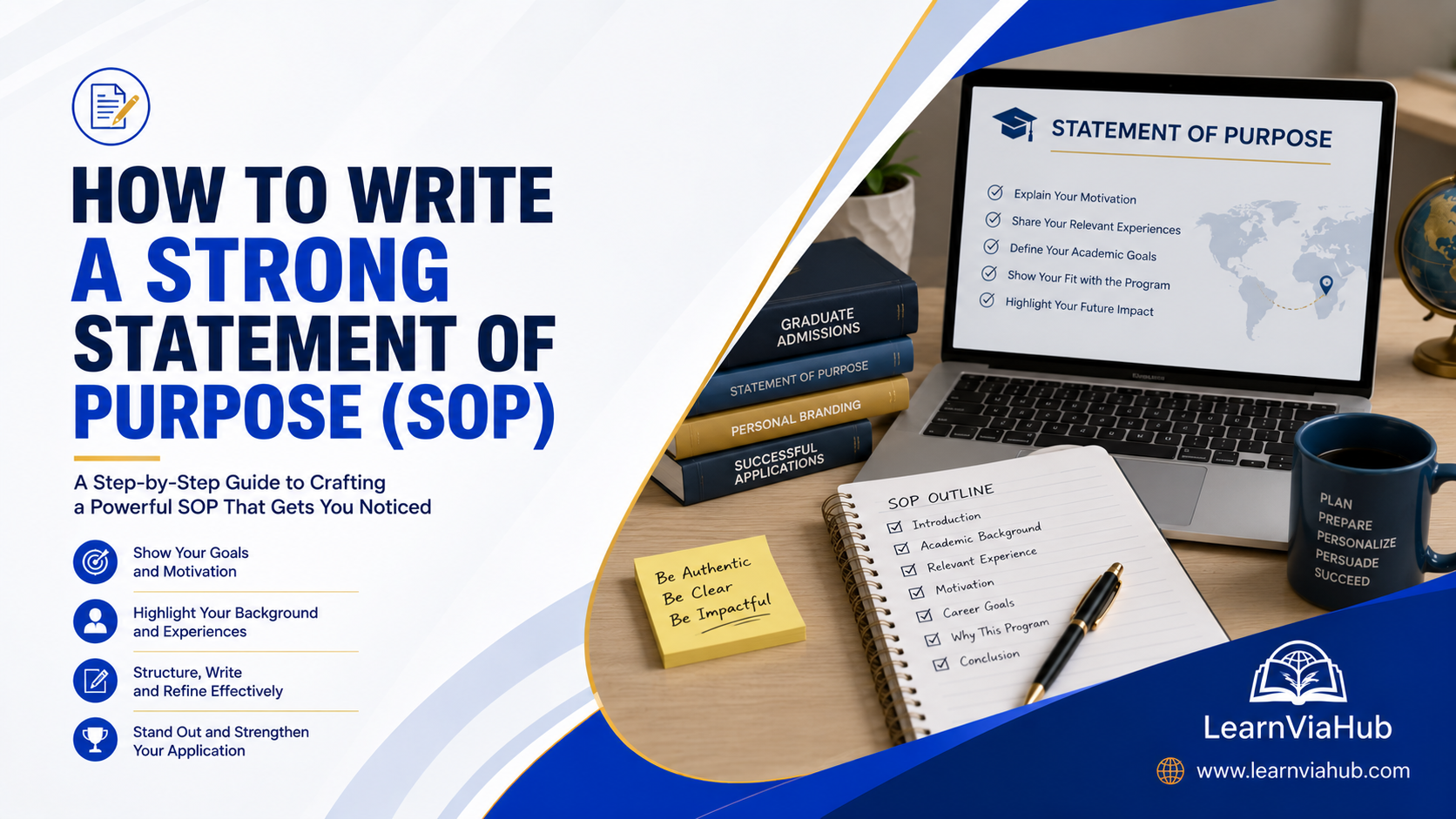 Premium LearnViaHub featured image for a Statement of Purpose (SOP) writing guide featuring an SOP outline, laptop displaying SOP tips, academic books, notebook, and graduate admissions materials on a modern blue-and-white branded background.