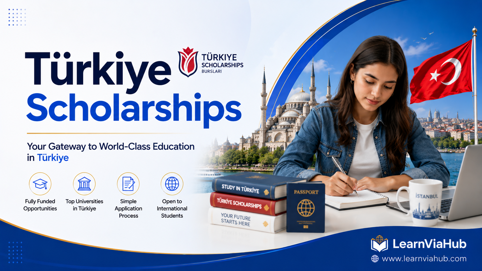Türkiye Scholarships logo promoting fully funded scholarships for international students to study in Turkey