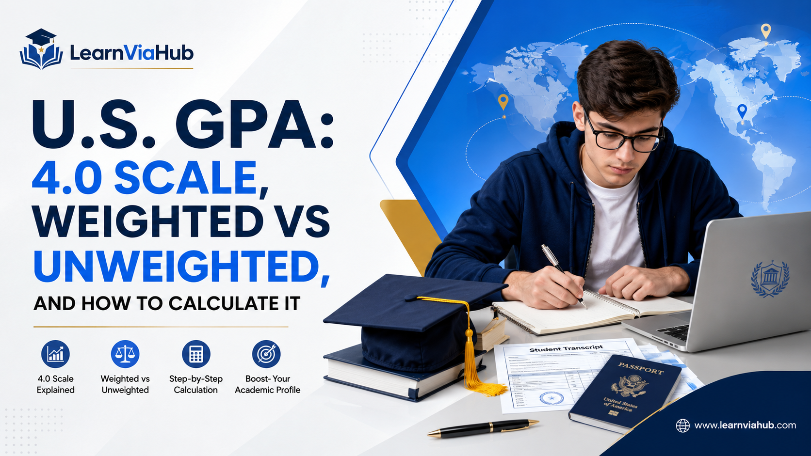 Student calculating U.S. GPA on the 4.0 scale with transcript, graduation cap, passport, and laptop, illustrating weighted vs. unweighted GPA for international students.