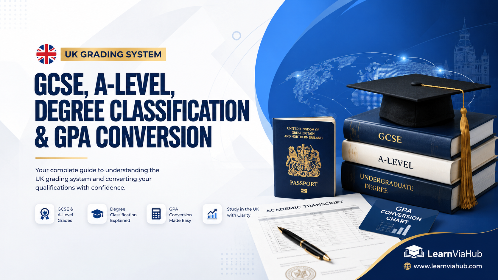 UK grading system featured image showing GCSE, A-Level, undergraduate degree classification, GPA conversion chart, UK passport, graduation cap, academic transcript, and LearnViaHub branding on a modern blue and white background.