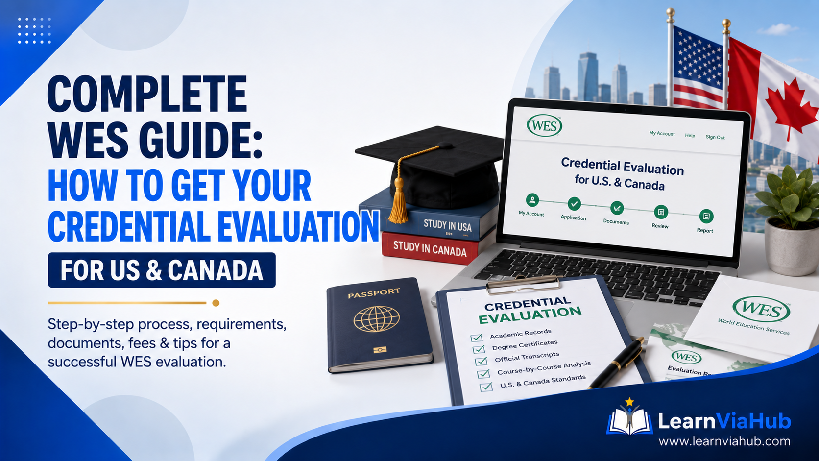 Complete WES Guide featured image showing a passport, graduation cap, credential evaluation documents, laptop, and U.S. and Canada flags representing the WES credential evaluation process for studying and immigrating abroad.