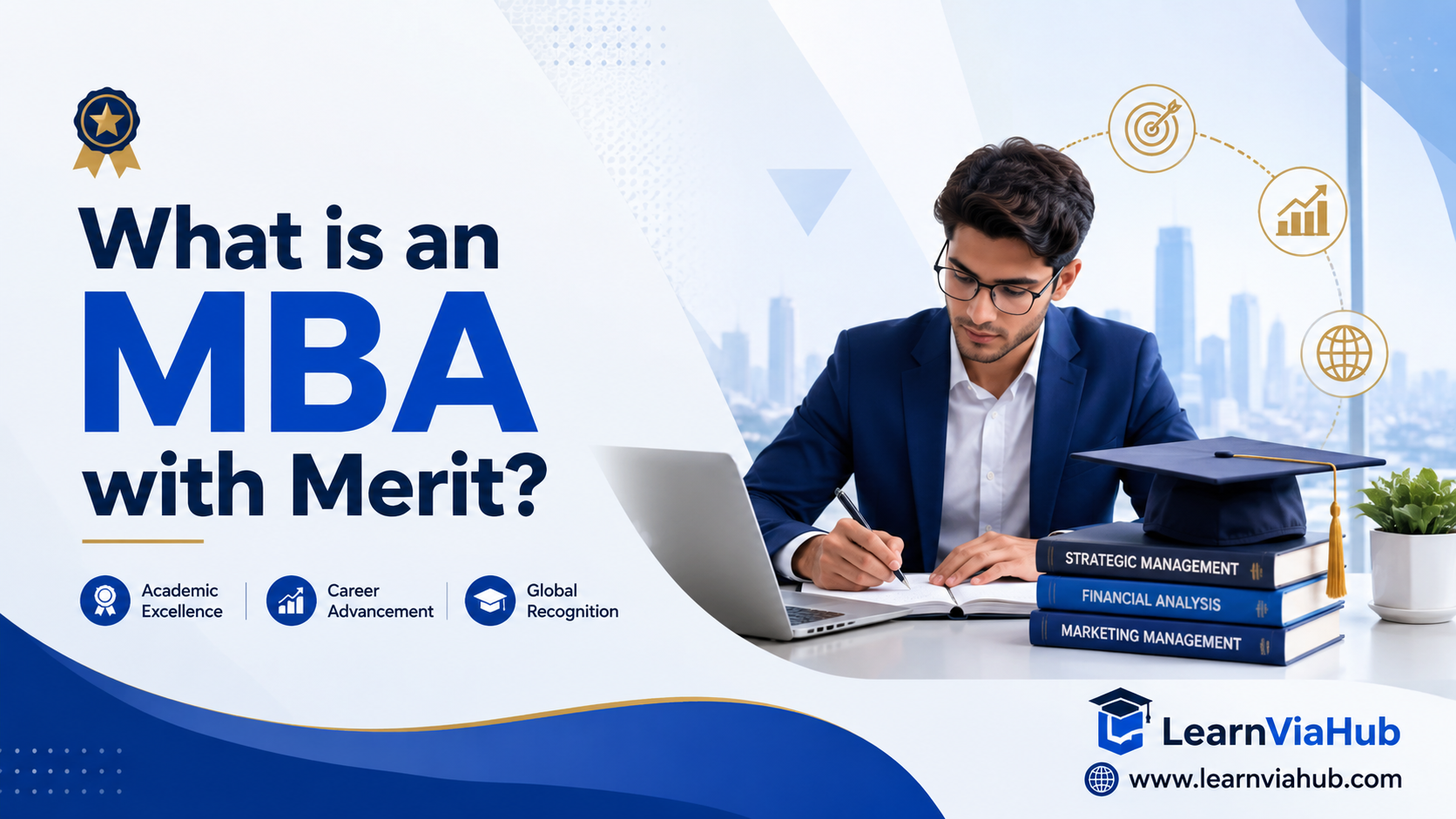 Student studying for an MBA with Merit beside the title “What is an MBA with Merit?” on a blue LearnViaHub featured image.