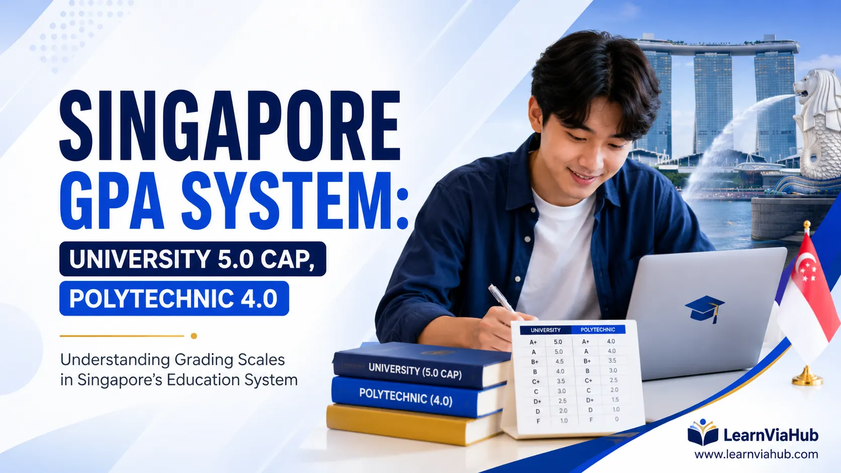 Singapore GPA System guide showing university 5.0 CAP and polytechnic 4.0 grading scales, GPA conversion chart, student studying with laptop, and Singapore landmarks including Marina Bay Sands and the Merlion.