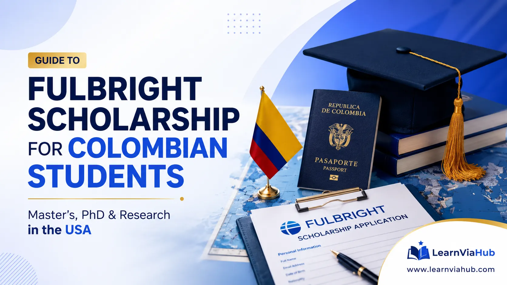 Fulbright Scholarship for Colombian Students guide featuring a Colombian passport, national flag, graduation cap, and Fulbright application form for Master's, PhD, and research studies in the USA.