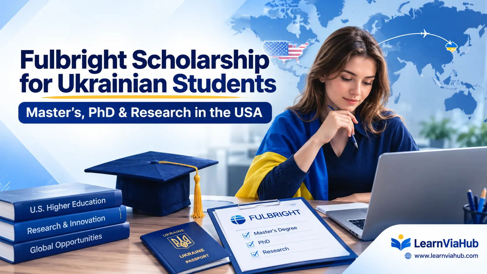 Fulbright Scholarship for Ukrainian Students featured image showing a Ukrainian student studying online, with a Ukrainian passport, graduation cap, and Fulbright application for Master's, PhD, and research programs in the USA.