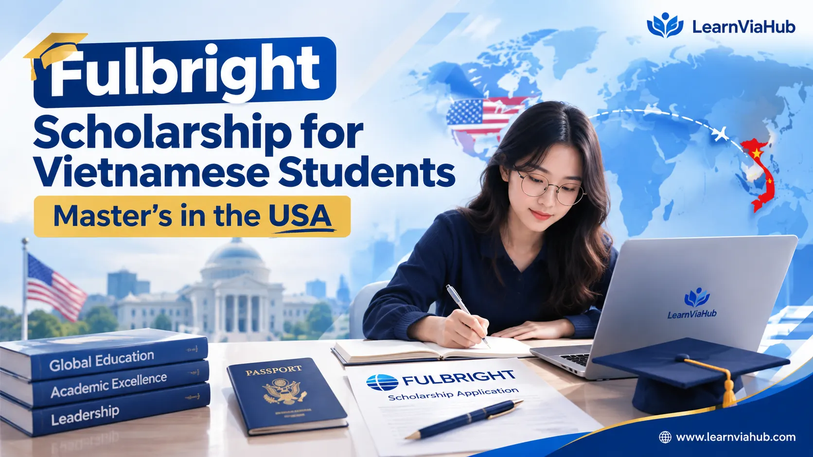 Fulbright Scholarship for Vietnamese Students featured image showing a Vietnamese student completing a scholarship application for a Master's degree in the USA, with a passport, graduation cap, and U.S.–Vietnam study pathway.