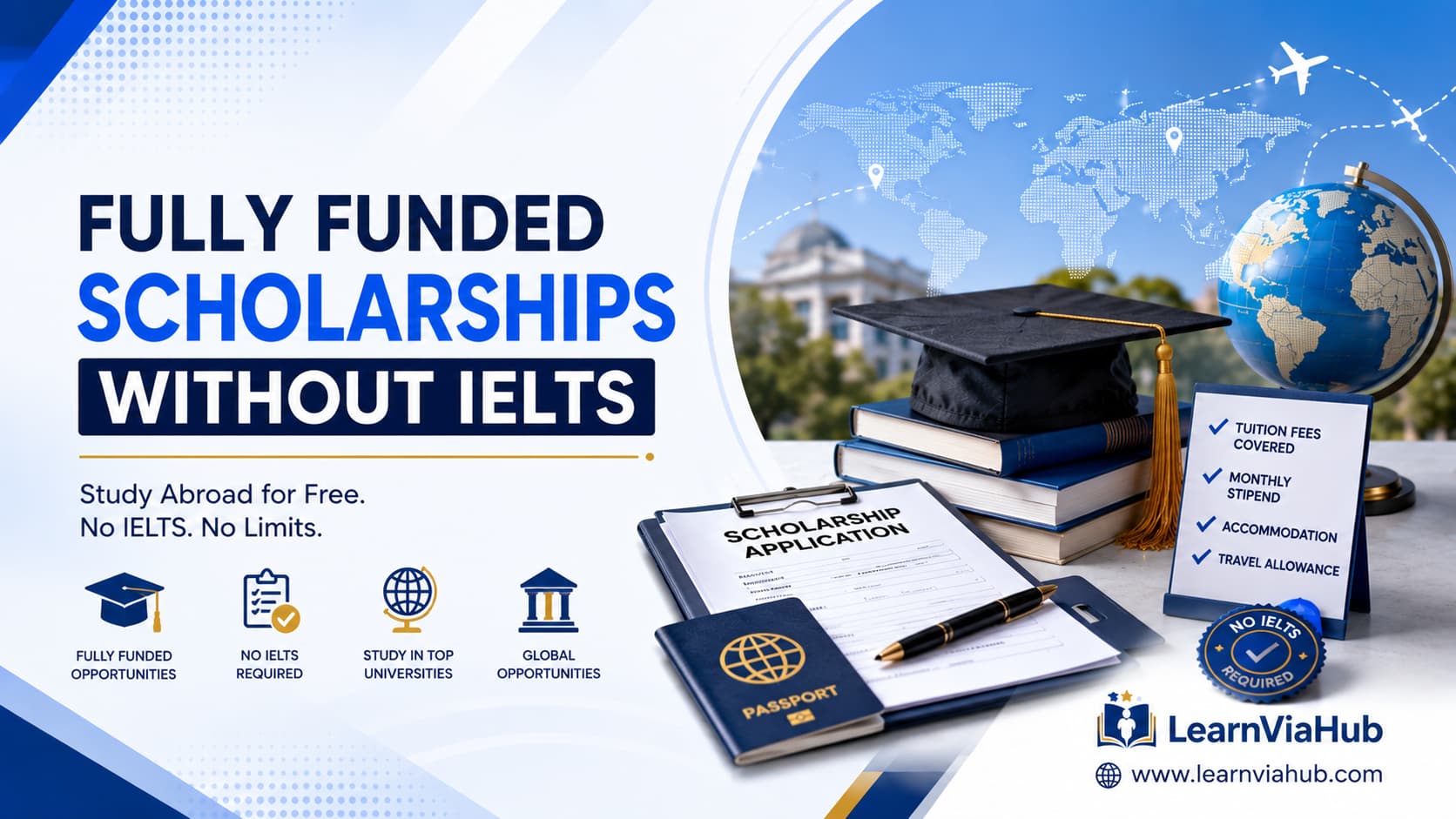 Fully Funded Scholarships Without IELTS featured image with graduation cap, scholarship application, passport, globe, and LearnViaHub branding