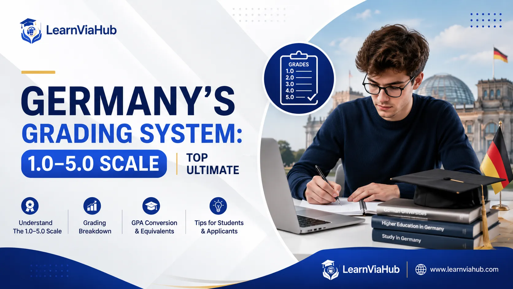 Student studying Germany’s grading system with information on the 1.0–5.0 scale, GPA conversion, and Abitur grades.