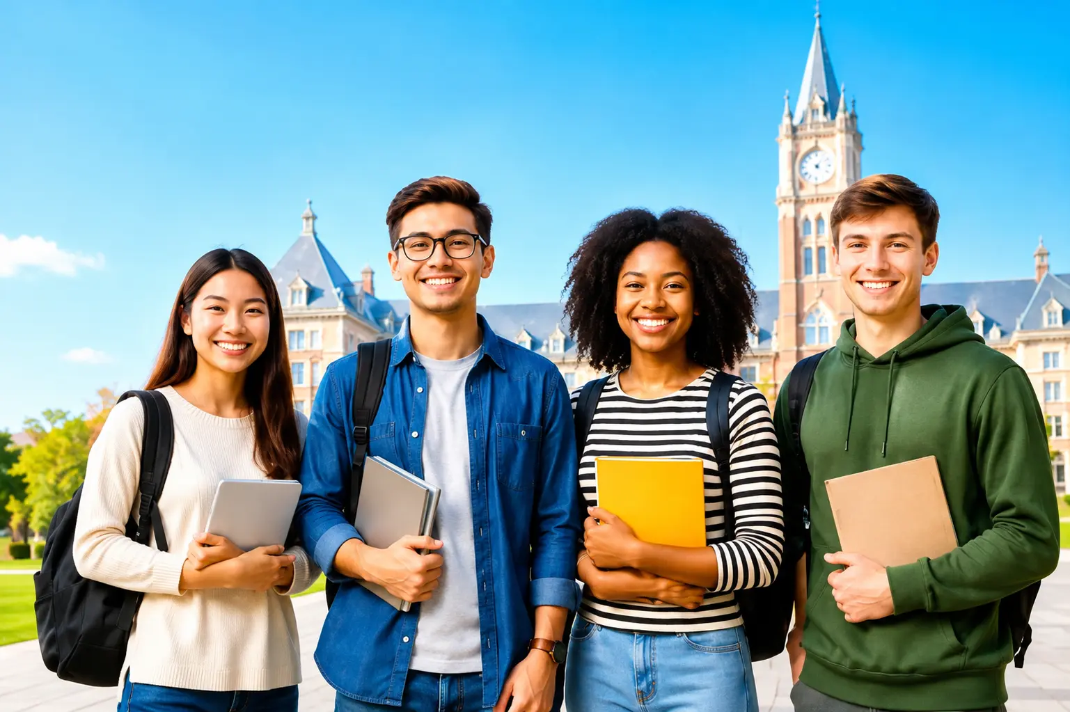Diverse group of students holding books, smiling in
front of a university building