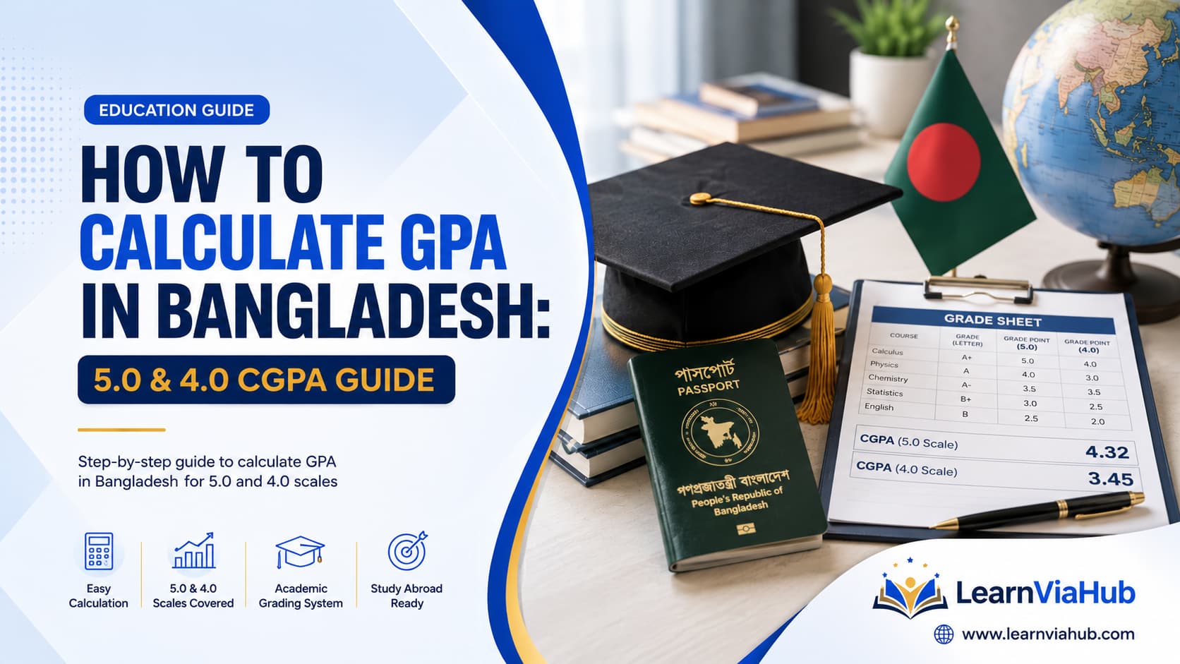 LearnViaHub featured image showing how to calculate GPA in Bangladesh using 5.0 and 4.0 CGPA scales, with a Bangladeshi passport, graduation cap, grade sheet, Bangladesh flag, and globe.