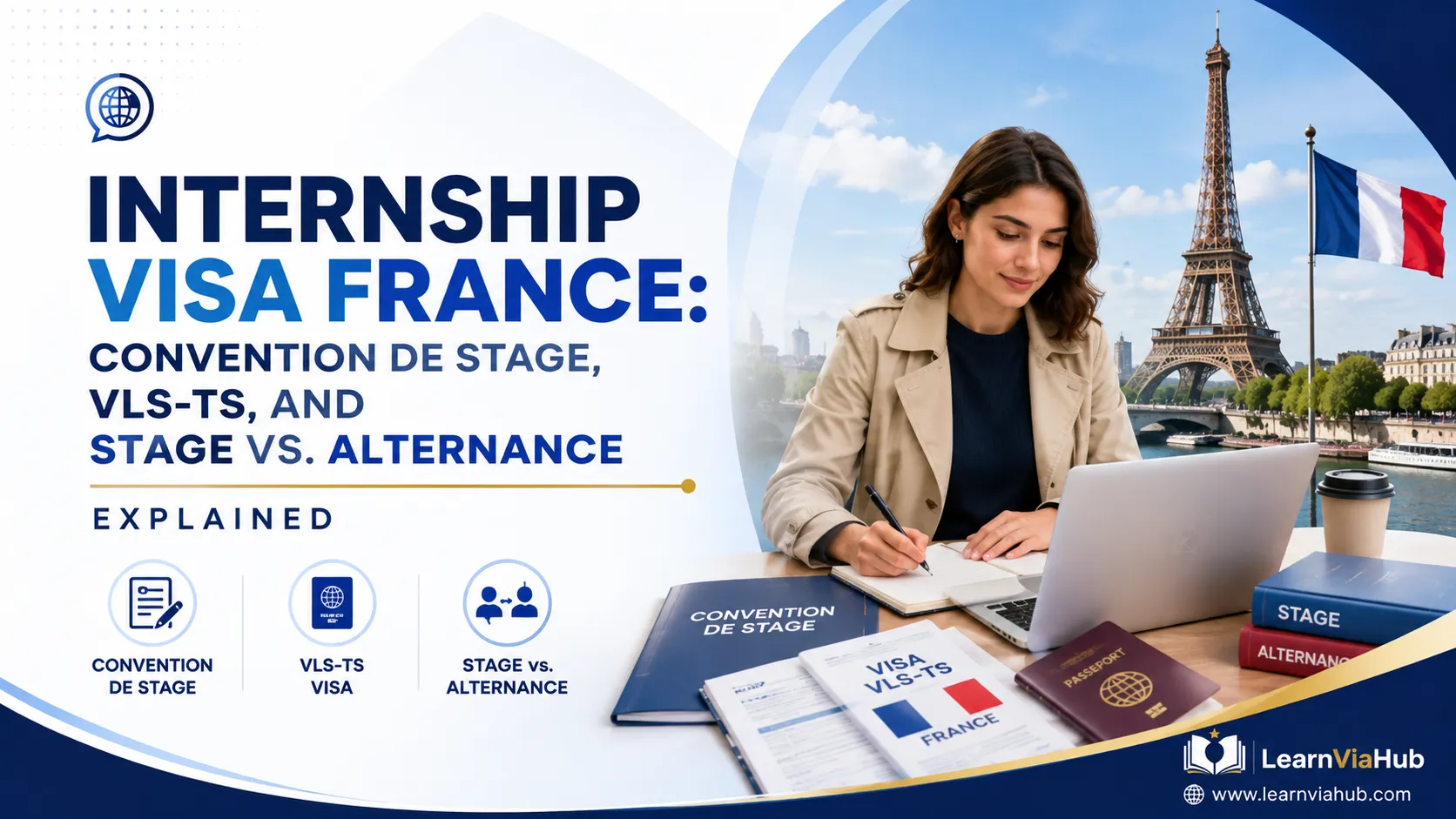 Internship visa France guide showing a student with a passport, visa documents, Convention de Stage paperwork, and the Eiffel Tower in Paris.