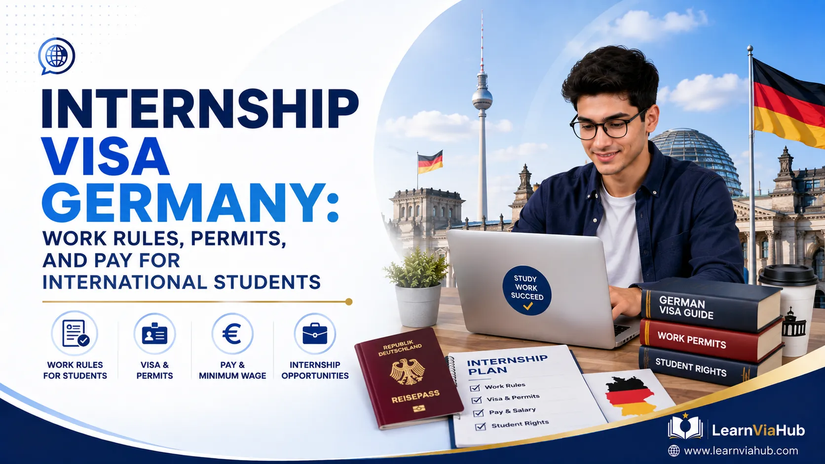 Internship visa Germany guide featuring an international student, German passport, work permit documents, internship plan, and Berlin landmarks.