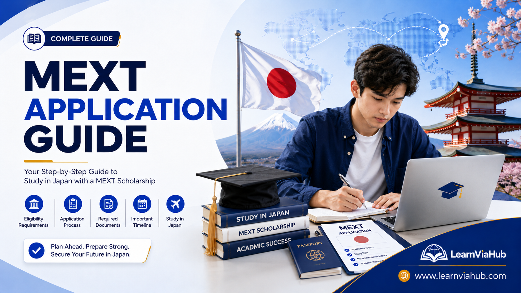 MEXT Application Guide featured image showing a student preparing a MEXT scholarship application with a laptop, passport, graduation cap, application documents, Mount Fuji, Japanese flag, cherry blossoms, and a LearnViaHub blue background.