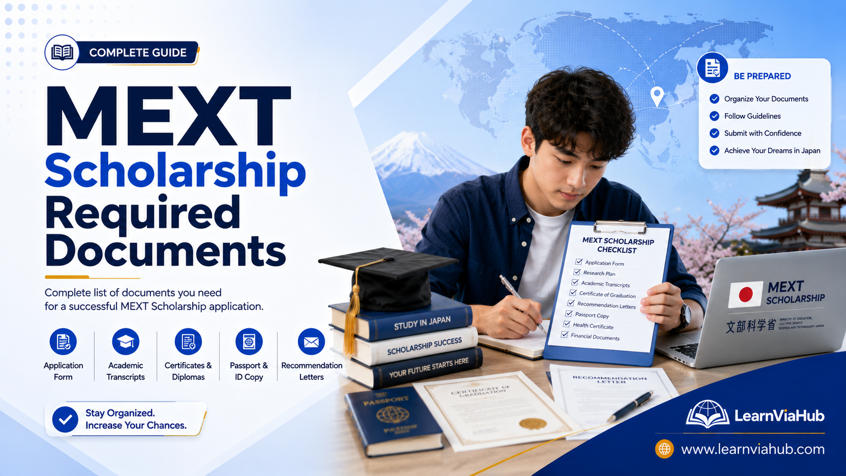 MEXT Required Documents featured image showing a student preparing a MEXT scholarship application with a passport, academic transcripts, recommendation letters, graduation cap, checklist, and Japan-themed background.