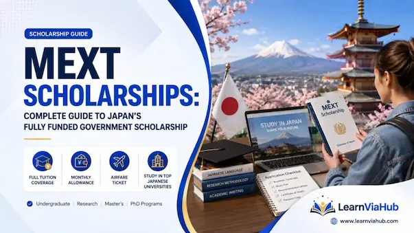 LearnViaHub featured image for the MEXT Scholarships guide, showing a student preparing a Japan scholarship application with MEXT documents, laptop, Japanese flag, Mount Fuji, cherry blossoms, and graduation cap.