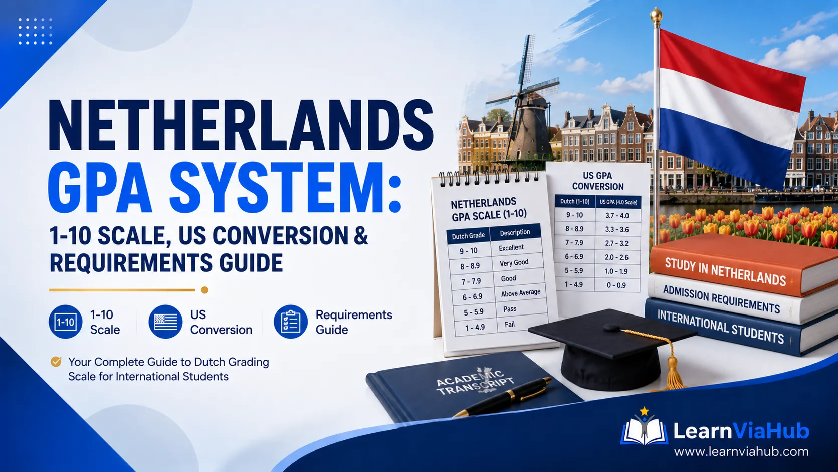 Netherlands GPA system guide showing Dutch grading scale, GPA conversion chart, university student, academic records, graduation cap, and Netherlands landmarks for international student admissions and study abroad applications.