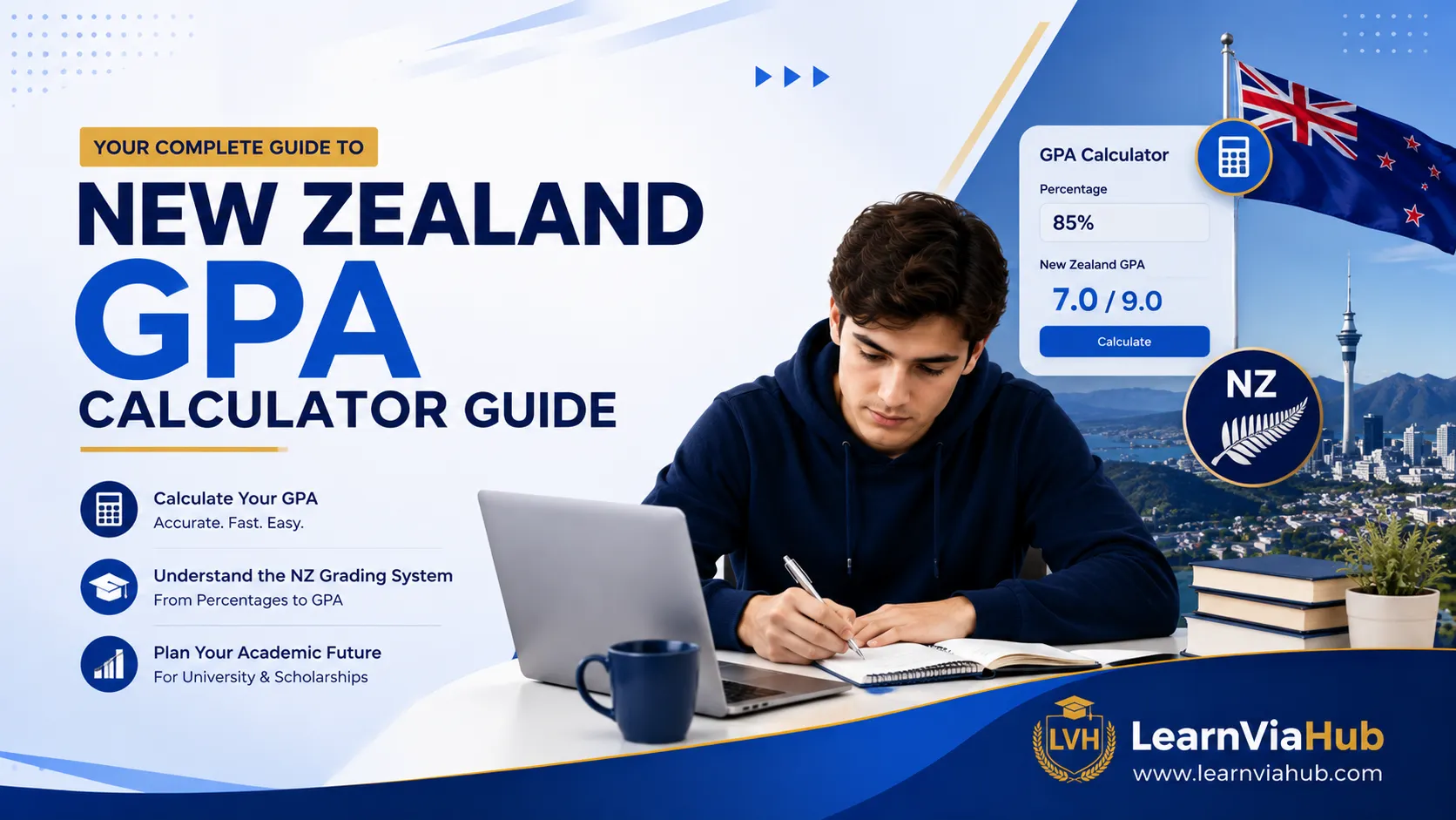 New Zealand GPA calculation guide showing a student using a GPA scale and calculator
