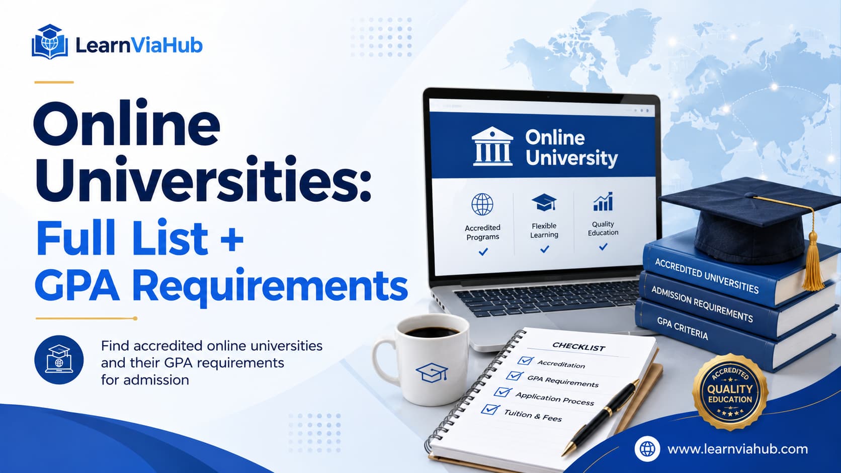 Online universities full list and GPA requirements, featuring a laptop, graduation cap, academic books, checklist, and global education map on a LearnViaHub branded background.