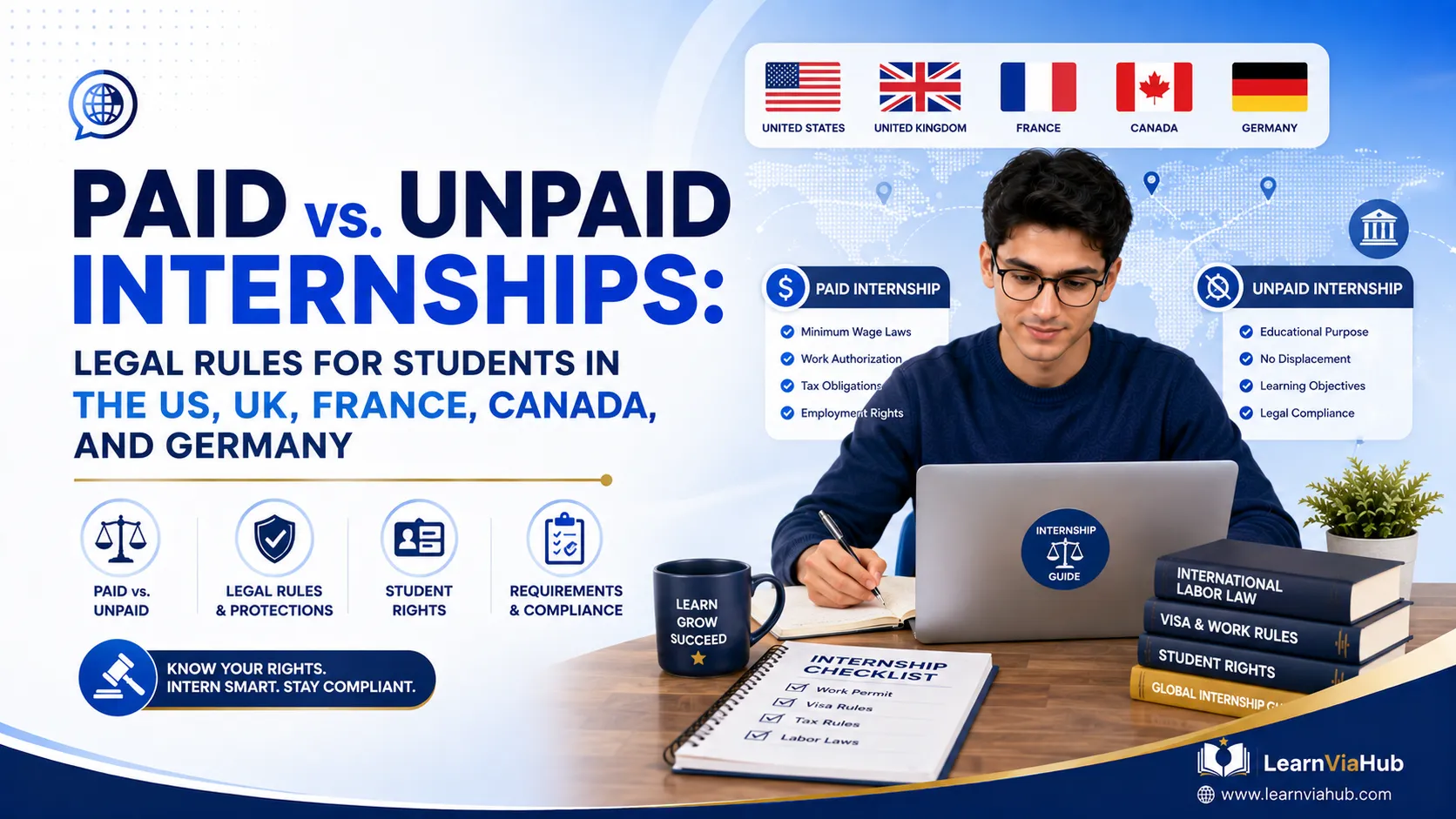 Paid vs unpaid internships guide for students in the US, UK, France, Canada, and Germany, featuring legal rules, work rights, and internship requirements.