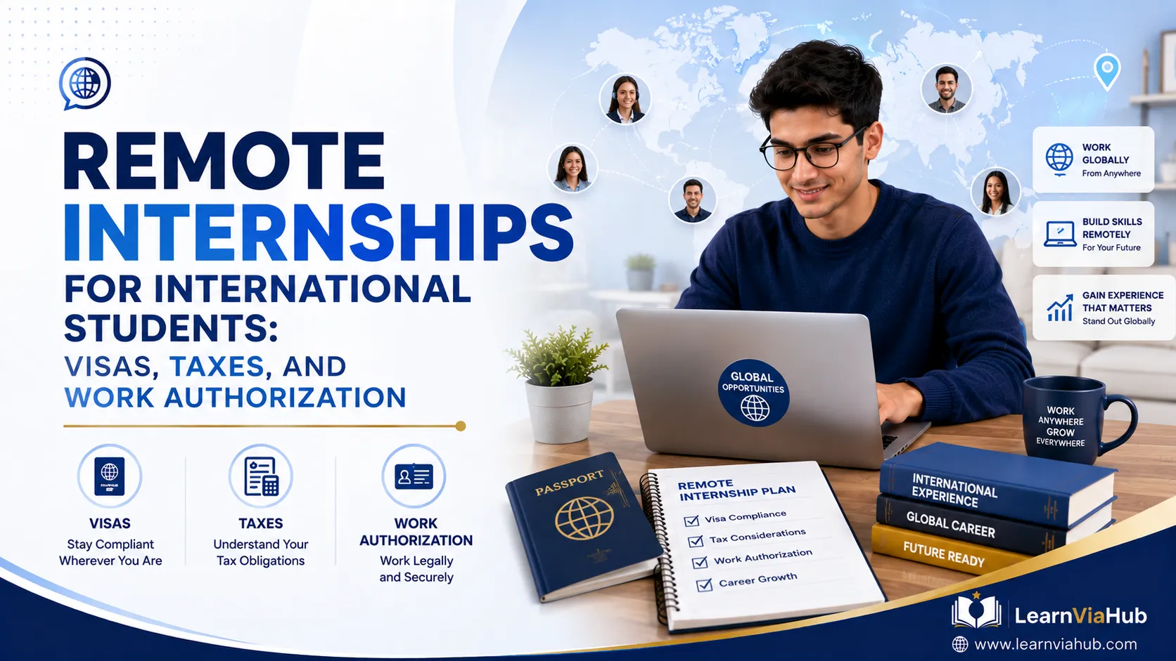 Remote internships for international students featuring a student working remotely with a laptop, passport, global map, tax documents, and work authorization materials.